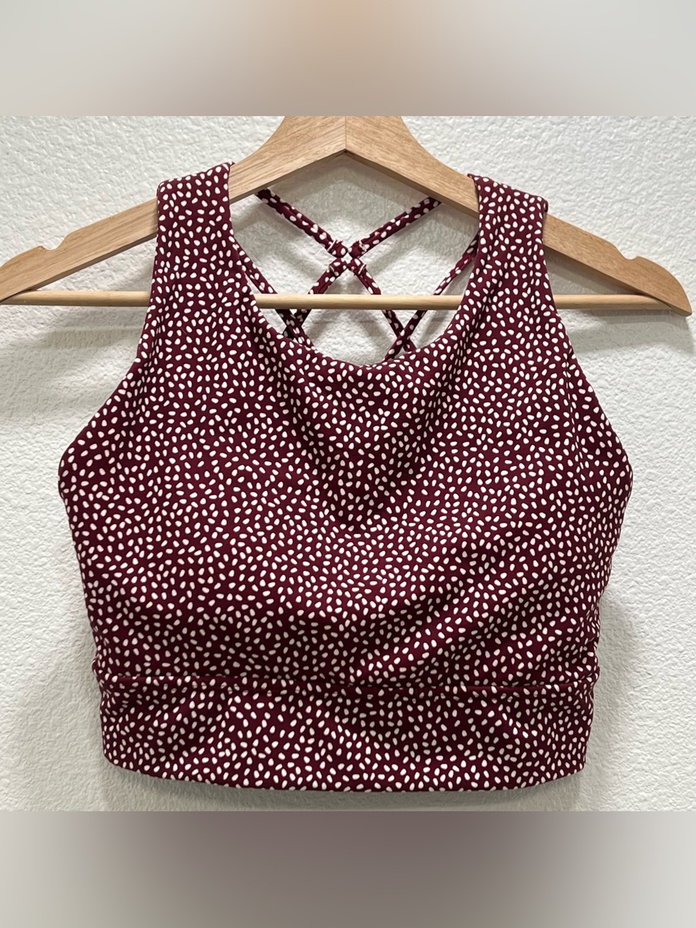 Buff Bunny Burgundy Red with White Polka Dot Sports Bra Medium